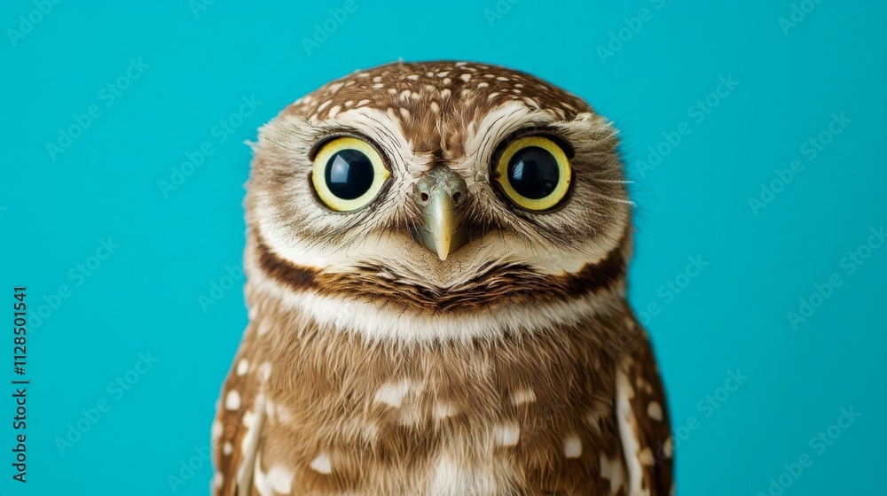 Burrowing Owl Portrait Against Vibrant Blue Background Burrowing Owl Portrait Against Vibrant Blue Background