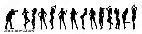 Male photographer taking photos of group of sexy female models standing in a row with different poses vector black silhouettes.