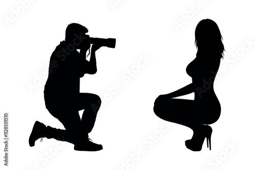 Man photographer with camera kneeling taking photos of a sexy woman model pose in studio side view vector silhouettes.