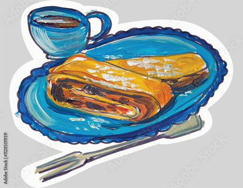 Apple Strudel with coffee- hand drawn illustration vector with editable background