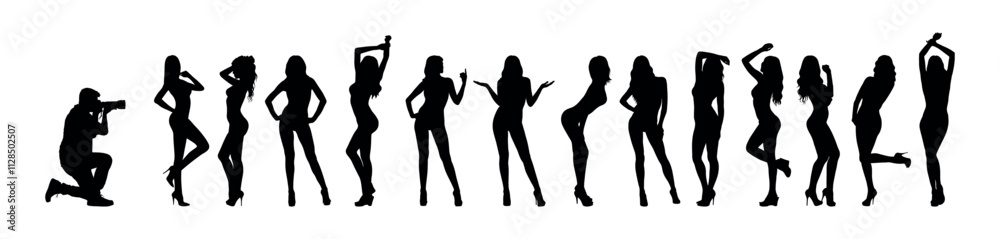 Professional photographer kneeling with camera taking photos of group of sexy female models standing in a row vector silhouettes. Professional photographer kneeling with camera taking photos of group of sexy female models standing in a row vector silhouettes.