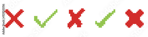 Green Checkmark and Red Cross Pixel Icon Set. Retro Style Check and Cross Symbols. Isolated Vector Illustration