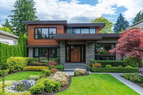 Modern house with landscaped garden featuring stone and wood elements.