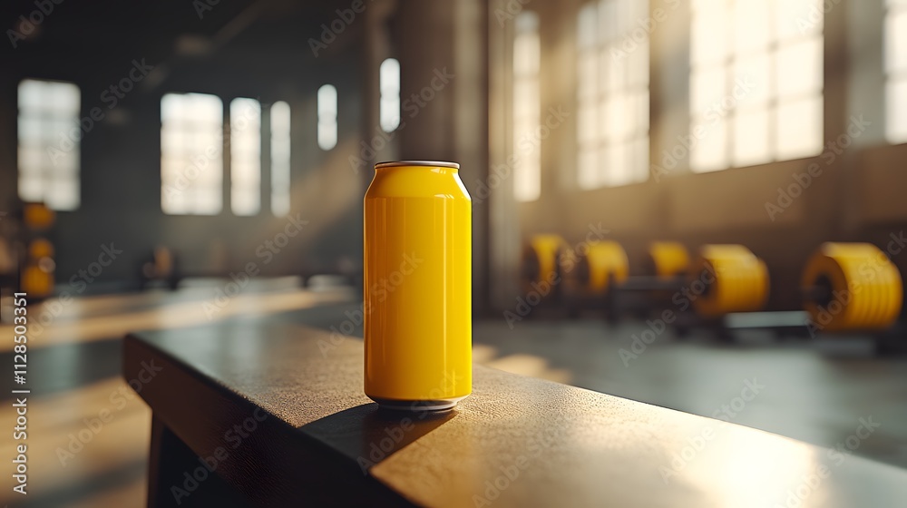 Yellow beverage can in a sunlit industrial space Yellow beverage can in a sunlit industrial space