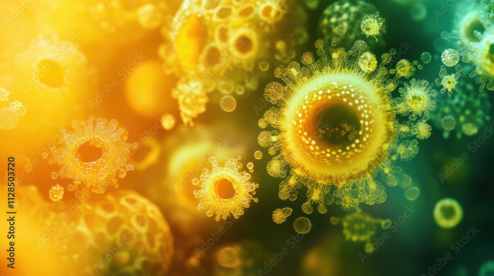 Microscopic view of vibrant, yellow viruses. Illustrates the concept of viral infection and spread. Microscopic view of vibrant, yellow viruses. Illustrates the concept of viral infection and spread.