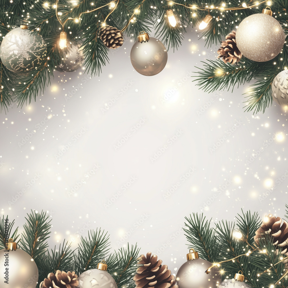 Square Christmas or New Year frame top view, decorative stars, balls and tree branches over white light background. Copyspace, place for text Square Christmas or New Year frame top view, decorative stars, balls and tree branches over white light background. Copyspace, place for text