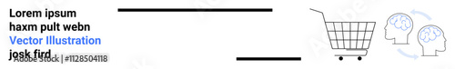 Shopping cart beside human brain icons with arrows indicating process flow. Ideal for e-commerce, cognitive psychology, marketing strategies, learning methods, decision-making, consumer behavior