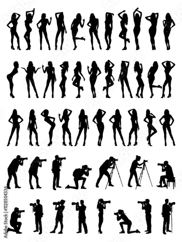 Set of silhouettes of group photographers with camera and group sexy female models with different poses in row on white background.