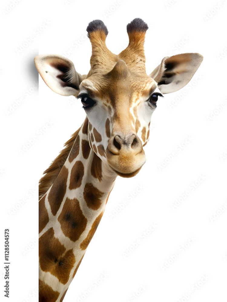 Obraz premium Giraffe peeking around corner isolated on transparent background