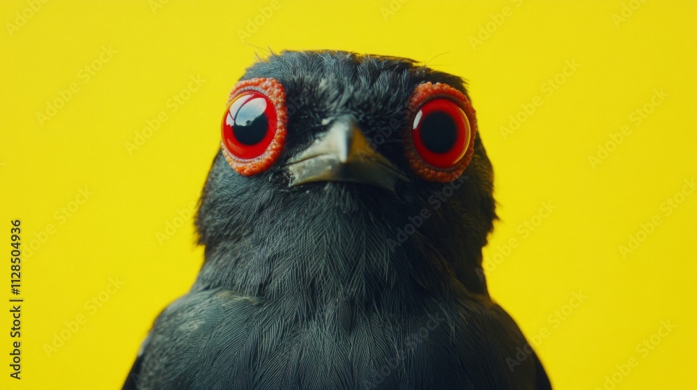 Black Bird With Striking Red Eyes Against Yellow Background Black Bird With Striking Red Eyes Against Yellow Background