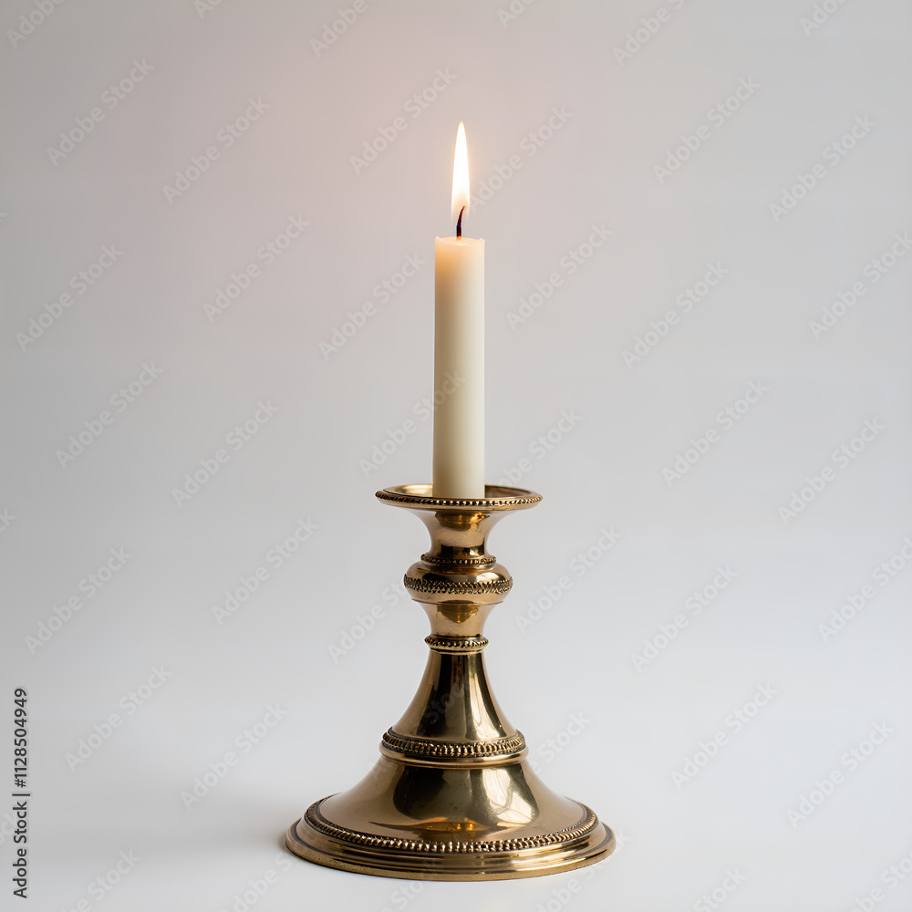 Naklejka premium Serene candlelit elegance a beautiful candle on a vintage brass holder, photography of still life concept.