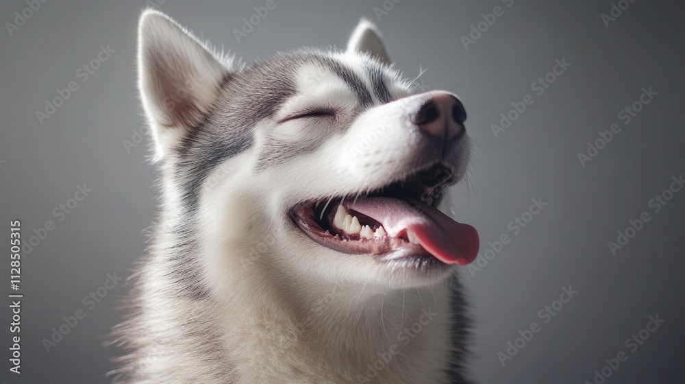Happy Siberian Husky panting, eyes closed. Perfect for websites, blogs, or pet-related projects needing a joyful canine image.