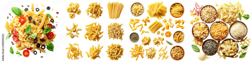 Assortment of Various Pasta Shapes including Spaghetti Penne Fusilli Rigatoni and More with Fresh Ingredients Like Tomatoes Basil Parmesan and Garlic Served on a Wooden Background Assortment of Various Pasta Shapes including Spaghetti Penne Fusilli Rigatoni and More with Fresh Ingredients Like Tomatoes Basil Parmesan and Garlic Served on a Wooden Background