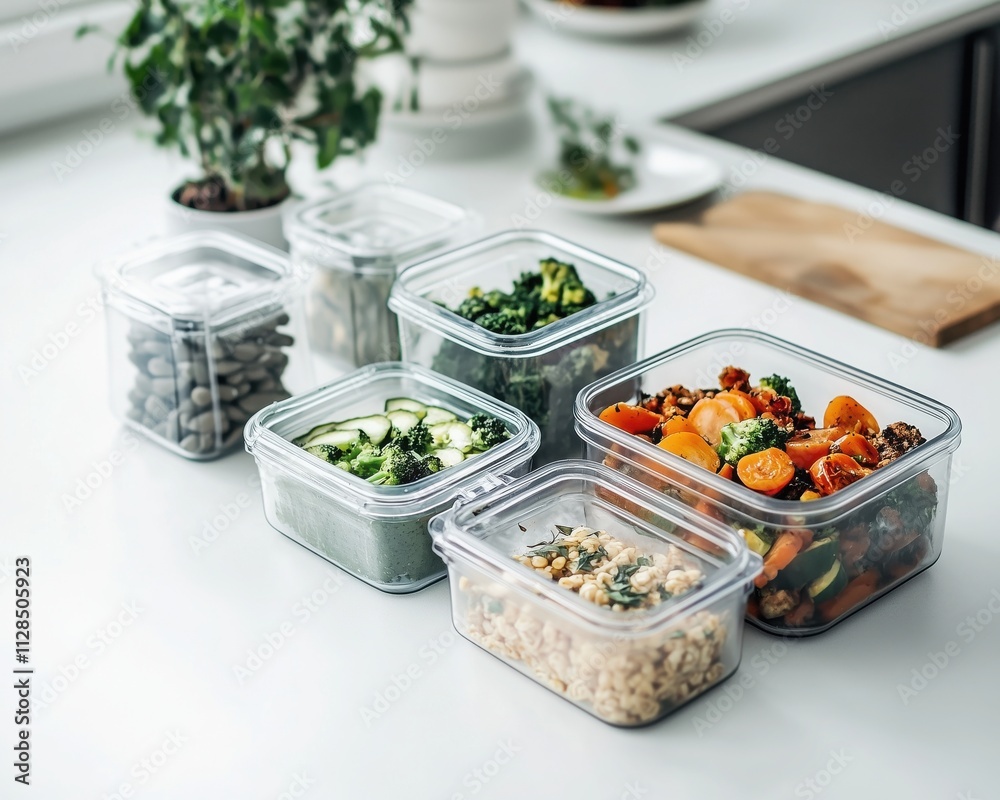 Minimalist fitness lifestyle, healthy meal preparation on white countertop Minimalist fitness lifestyle, healthy meal preparation on white countertop