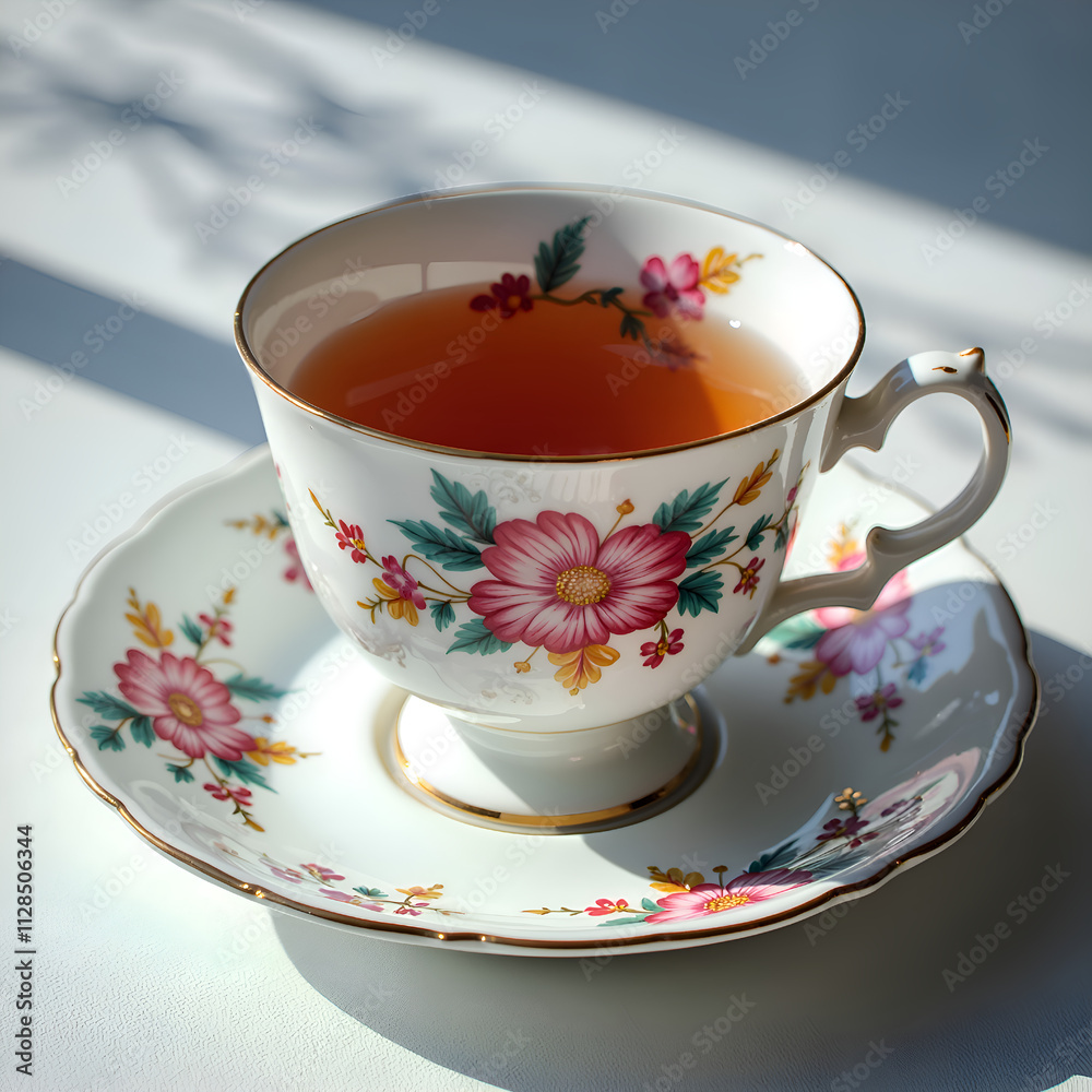 A delicate floral teacup with herbal tea and soft natural light accents, photography of still life concept. A delicate floral teacup with herbal tea and soft natural light accents, photography of still life concept.