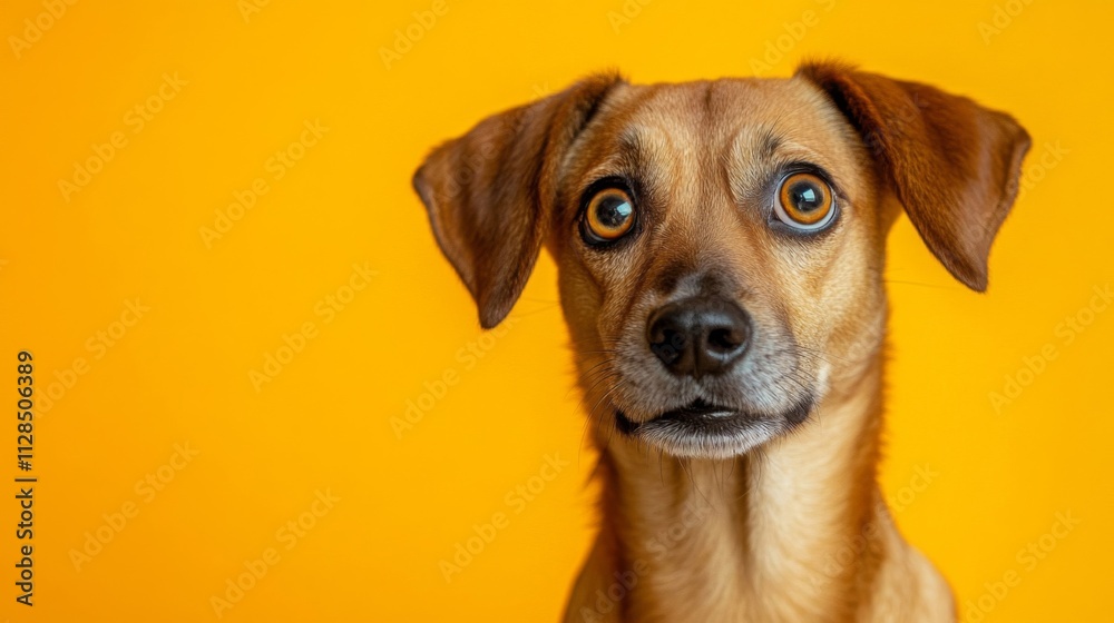 A Curious Brown Dog Against A Yellow Background A Curious Brown Dog Against A Yellow Background