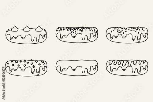 Collection outline of eclairs pastries French cuisine desserts hand drawn