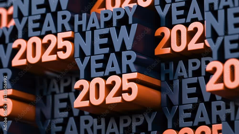 Happy New Year 2025 animated video loop of bold 3D text in blue and orange, creating a dynamic background for greetings Happy New Year 2025 animated video loop of bold 3D text in blue and orange, creating a dynamic background for greetings