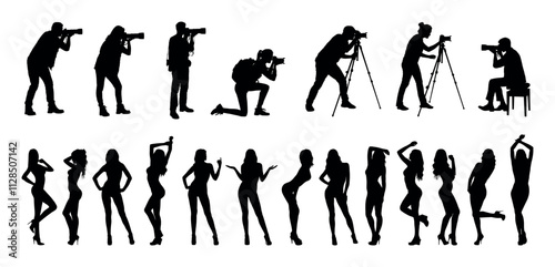 Silhouette set of group of photographers with camera and sexy women models in various poses.