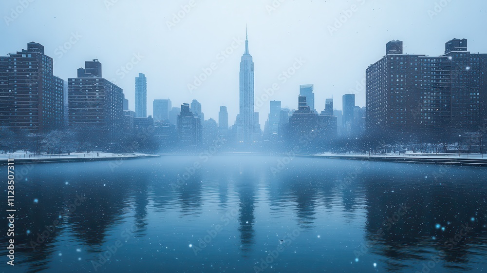 Fototapeta premium new york city skyline in winter with snowflakes and fog