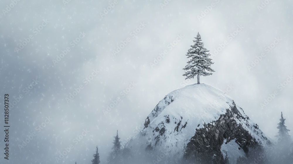 Obraz premium Solitary snow-covered evergreen tree atop a snowy hill in a foggy winter landscape.