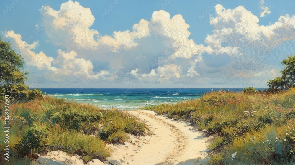 Sandy Path Leads To Serene Ocean Beach Scene Sandy Path Leads To Serene Ocean Beach Scene