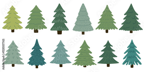 Set of Christmas trees. Traditional symbol of Christmas and New Year. Holiday design for cards, banners, packaging and textiles. Traditional symbol of Christmas and New Year. Vector illustration.