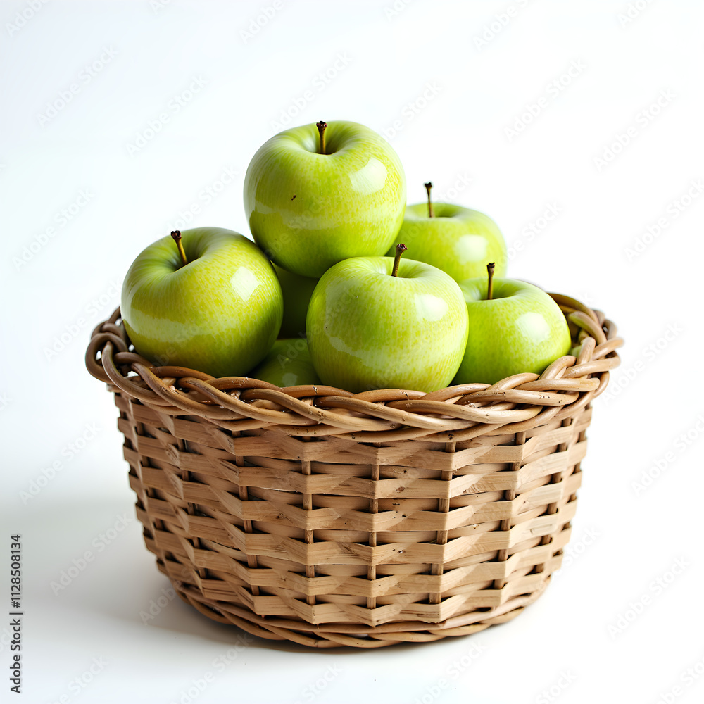 Vibrant green apples piled in a rustic woven basket on a bright white background, photography of still life concept. Vibrant green apples piled in a rustic woven basket on a bright white background, photography of still life concept.
