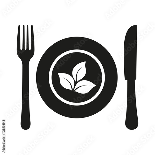 Vegan Diet And Plant-Based Meals. Fork, Knife, And Plate With Leaf Solid Icon, Healthy Eating Concept. Nutrition And Wellness. Isolated Vector Illustration