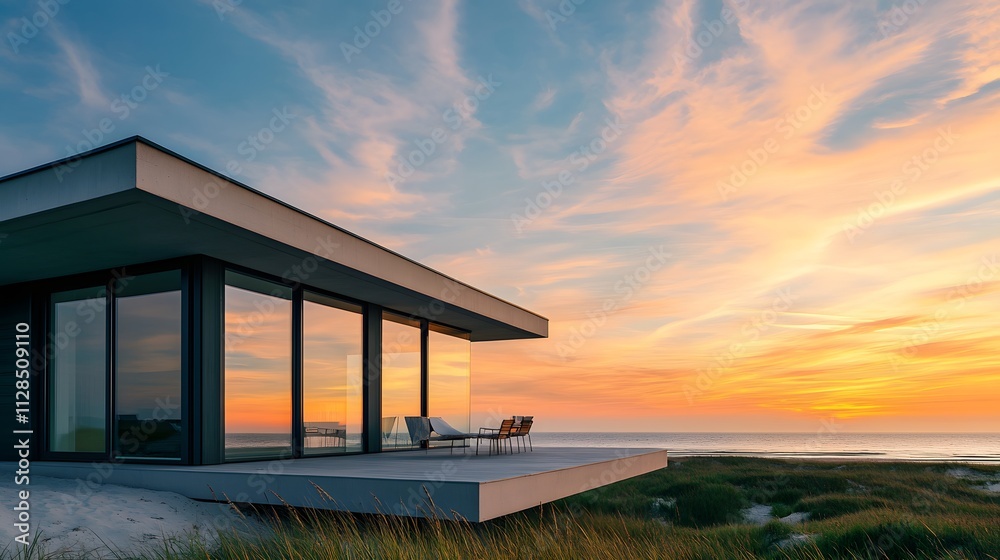 A modern beach bungalow with open glass walls and a view of the sunset horizon. A modern beach bungalow with open glass walls and a view of the sunset horizon.