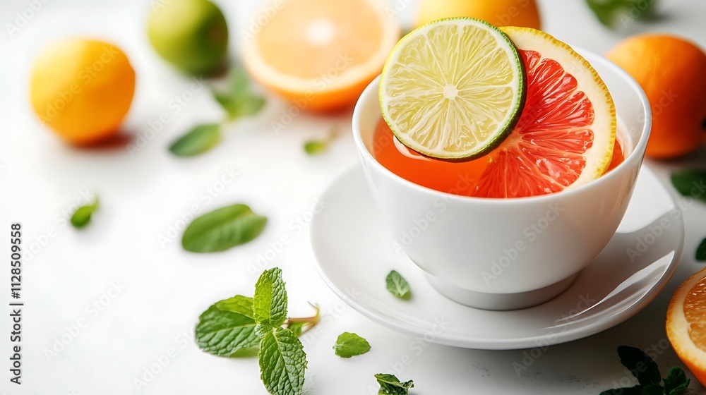 A close-up of a detox tea cup with a slice of lime balanced on the rim, surrounded by fresh mint leaves and scattered citrus fruits, set against a clean white background with soft daylight. --ar 16:9 A close-up of a detox tea cup with a slice of lime balanced on the rim, surrounded by fresh mint leaves and scattered citrus fruits, set against a clean white background with soft daylight. --ar 16:9