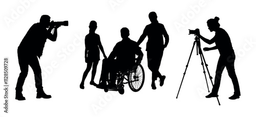 Two photographers taking photos of family portrait mother and daughter with father in wheelchair black silhouette.