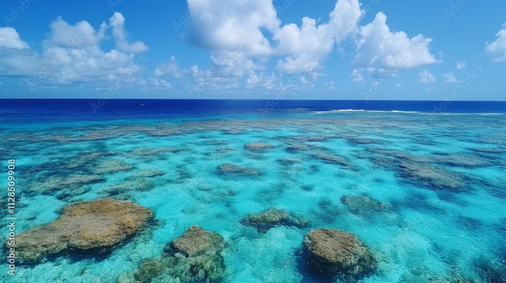 Vibrant Turquoise Ocean Shallow Reef Scene Under Blue Sky Vibrant Turquoise Ocean Shallow Reef Scene Under Blue Sky