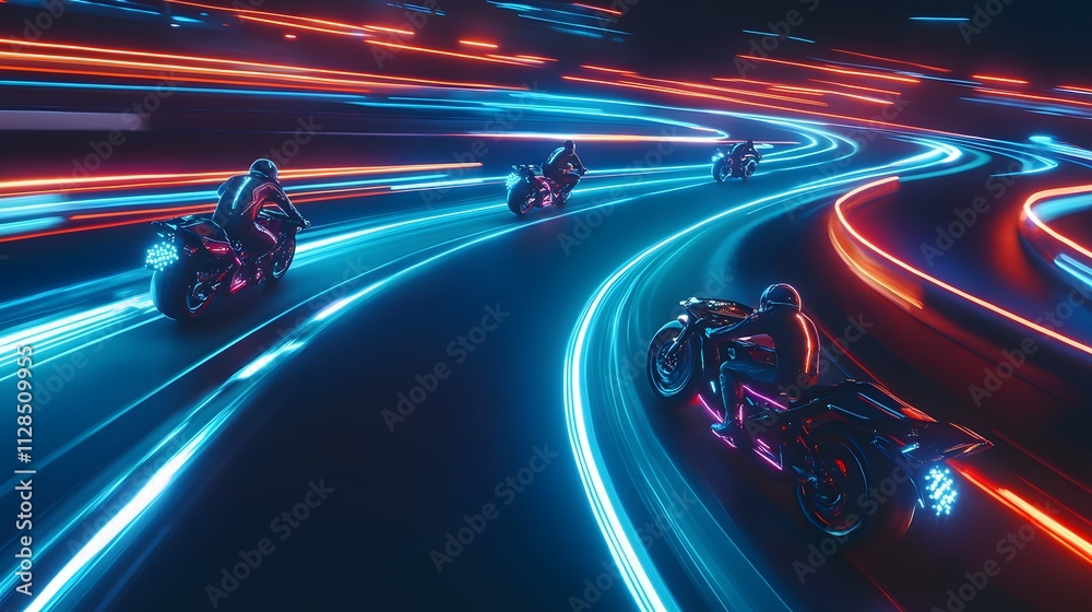 Fototapeta premium A nighttime race with riders on glowing LED-lit tiny motorcycles zipping through a neon-lit track.