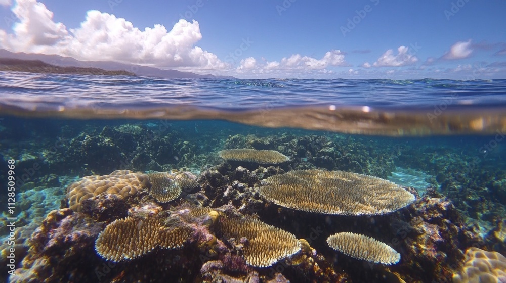 Underwater Coral Reef Scene Ocean Surface View Underwater Coral Reef Scene Ocean Surface View