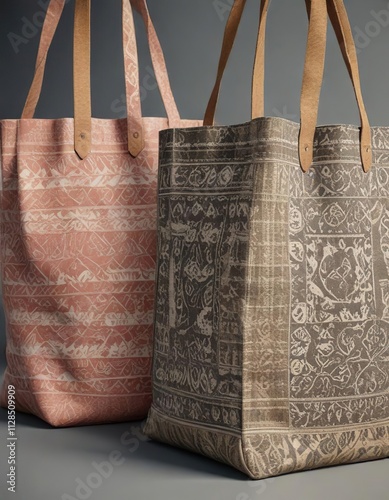 Two tote bags with different patterns side by side, two tote bags, accessories, bags patterns, fashion photo