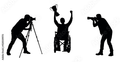 Two photographers taking photos of young man in wheelchair holding winner trophy vector black silhouette.
