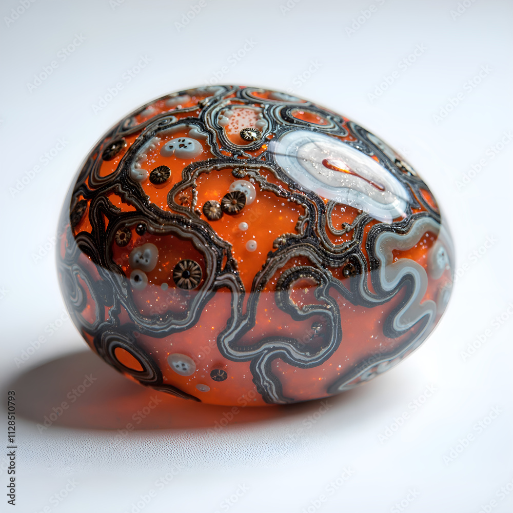 A stunning orange and black decorative stone with intricate patterns and textures, photography of still life concept.