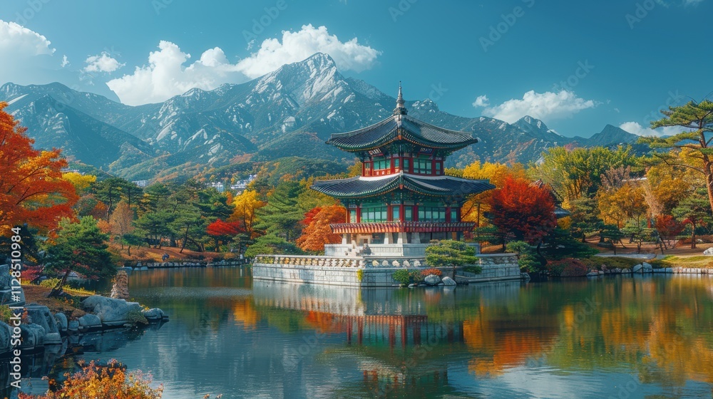 Fototapeta premium Gyeongbokgung Palace Autumn Scenery Korean Pagoda Mountains Lake Fall Foliage