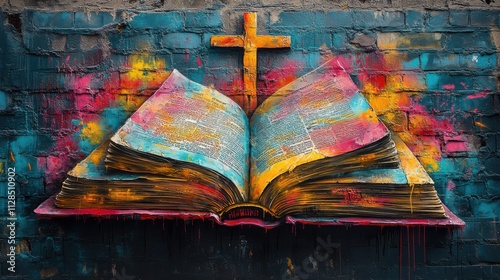 open bible with a cross on the wall colorful graffiti