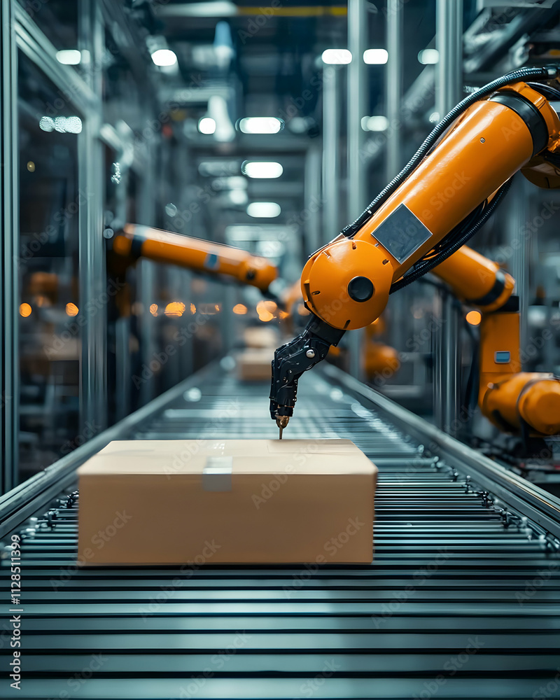 Robots Sort Packages on Conveyor Belt in Factory