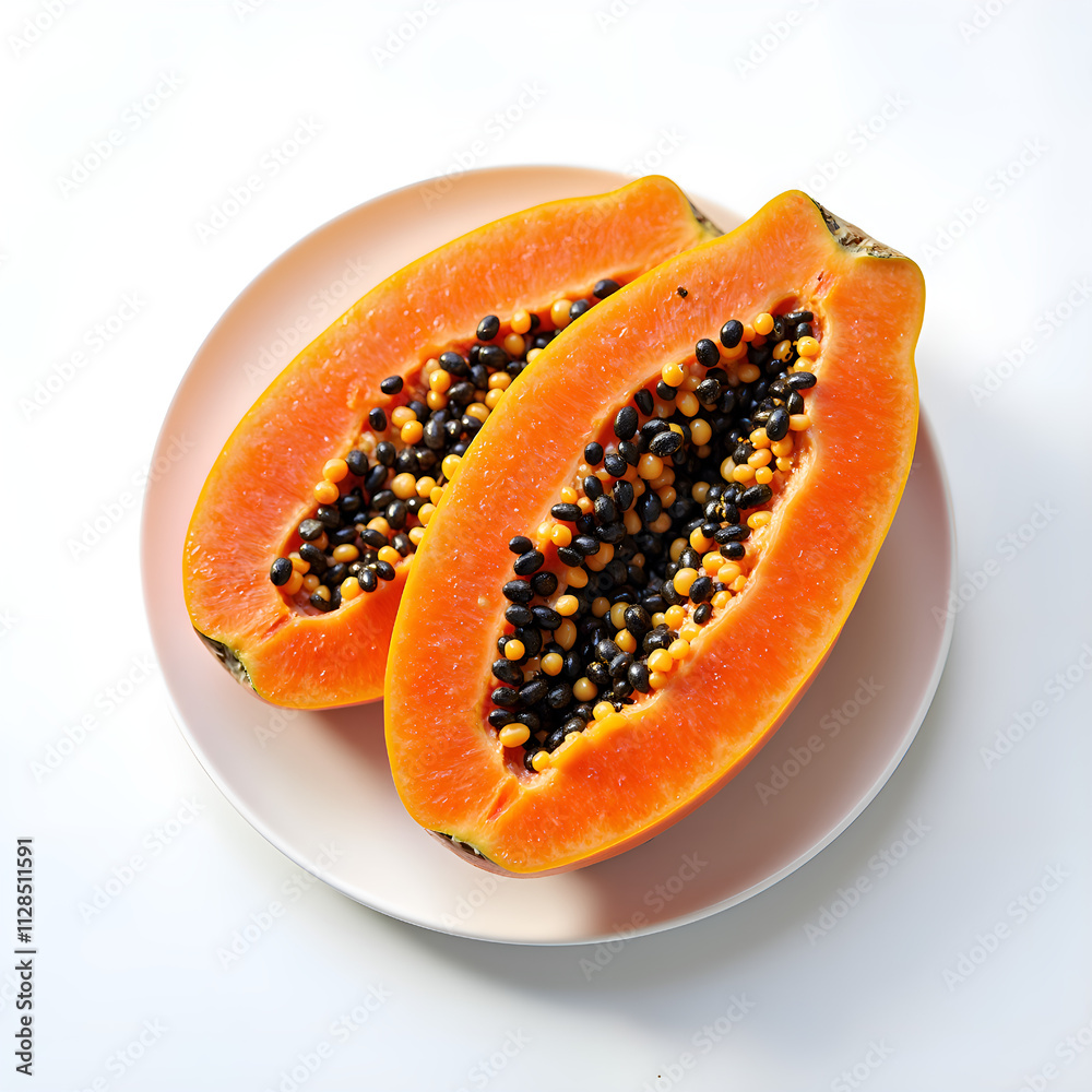Vibrant papaya halves showcasing colorful seeds on a clean plate, photography of food photography concept. Vibrant papaya halves showcasing colorful seeds on a clean plate, photography of food photography concept.