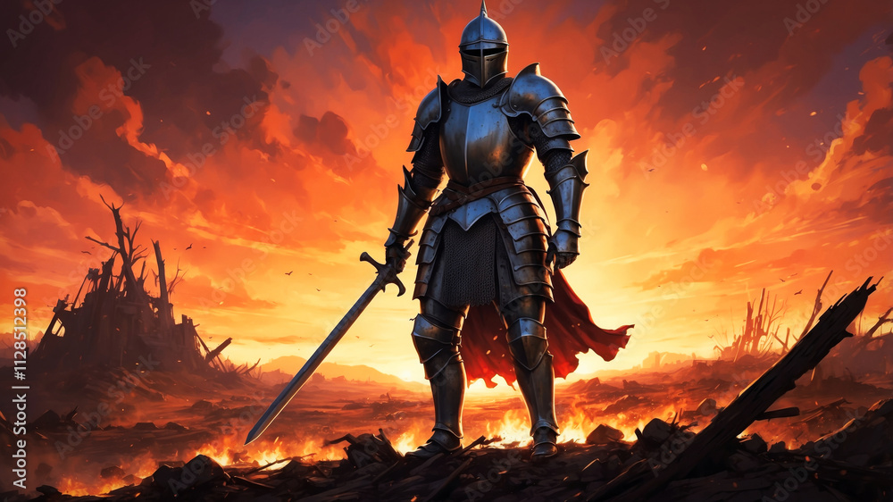 Naklejka premium A knight in armor on the battlefield in the evening, after the battle