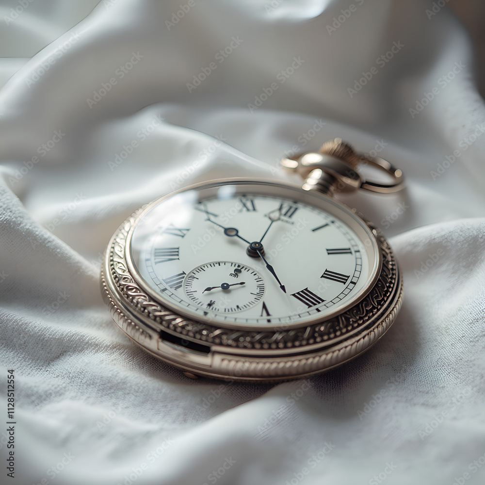 Classic pocket watch on soft fabric capturing the beauty of time and tradition in a serene setting, photography of still life concept. Classic pocket watch on soft fabric capturing the beauty of time and tradition in a serene setting, photography of still life concept.