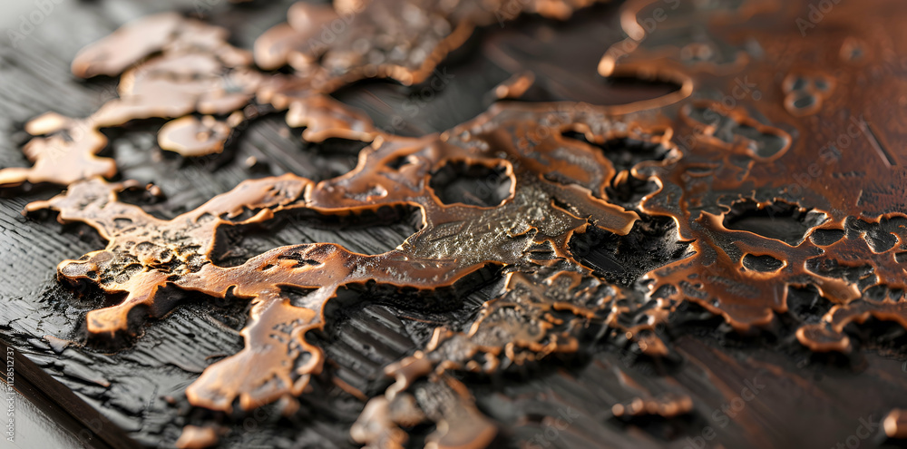 Close-up of an intricate copper relief design with textured details. Close-up of an intricate copper relief design with textured details.