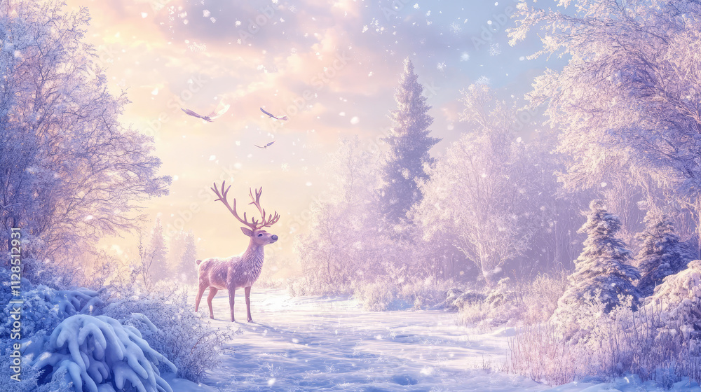 A deer is standing in a snowy forest A deer is standing in a snowy forest