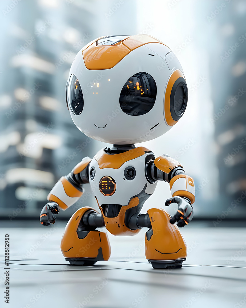 Cute Robot Walks Forward Cheerfully in City Cute Robot Walks Forward Cheerfully in City
