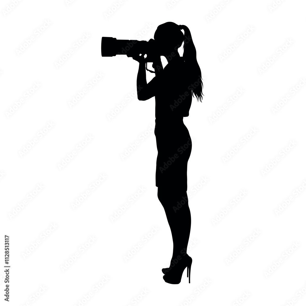 Woman photographer standing holding camera taking photos side view black silhouette on white background. Woman photographer standing holding camera taking photos side view black silhouette on white background.