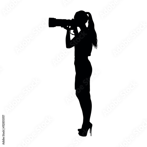 Woman photographer standing holding camera taking photos side view black silhouette on white background.