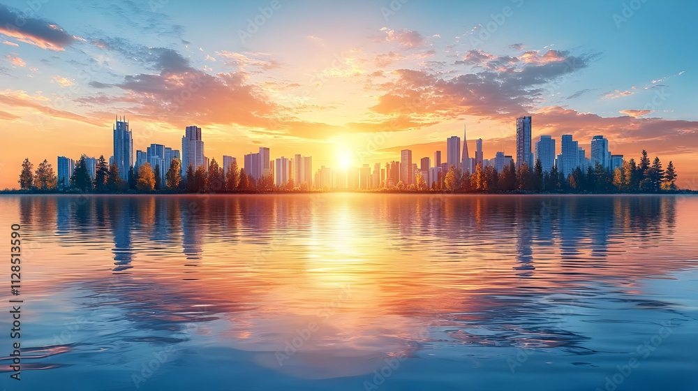 City Skyline Sunset: Water Reflection, Golden Hour City Skyline Sunset: Water Reflection, Golden Hour